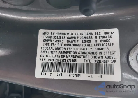 2012 Honda Civic Ex from USA, damaged, VIN 19XFB2F83CE375308